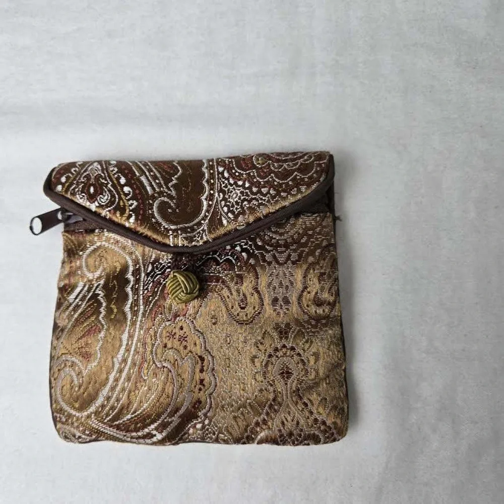 VTG Barbara Bixby Jewelry Pouch Brown Gold Satin Paisley Brocade Travel Bag Smal